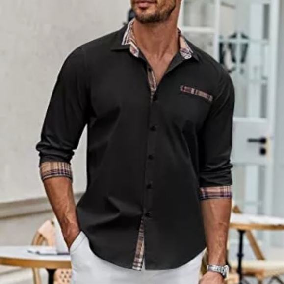 Coofandy Crisp Cotton Shirt Contrast Trim Long sleeves black size large - Picture 2 of 8